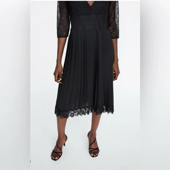 Zara Black Pleated Lace Midi Dress - Picture 5 of 8
